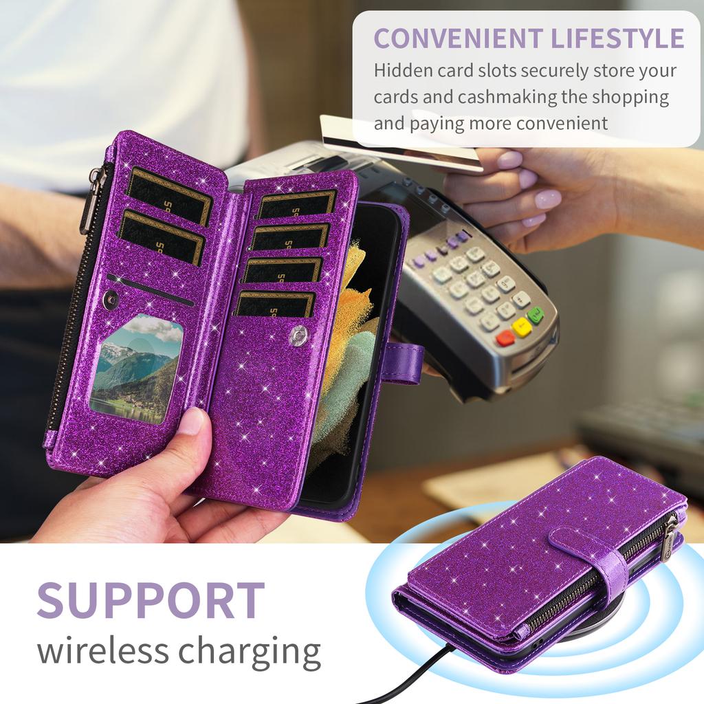 ASUWISH For Samsung Galaxy A05 4G Case 10 Card Holder Glitter Leather Phone Cover with Crossbody Strap