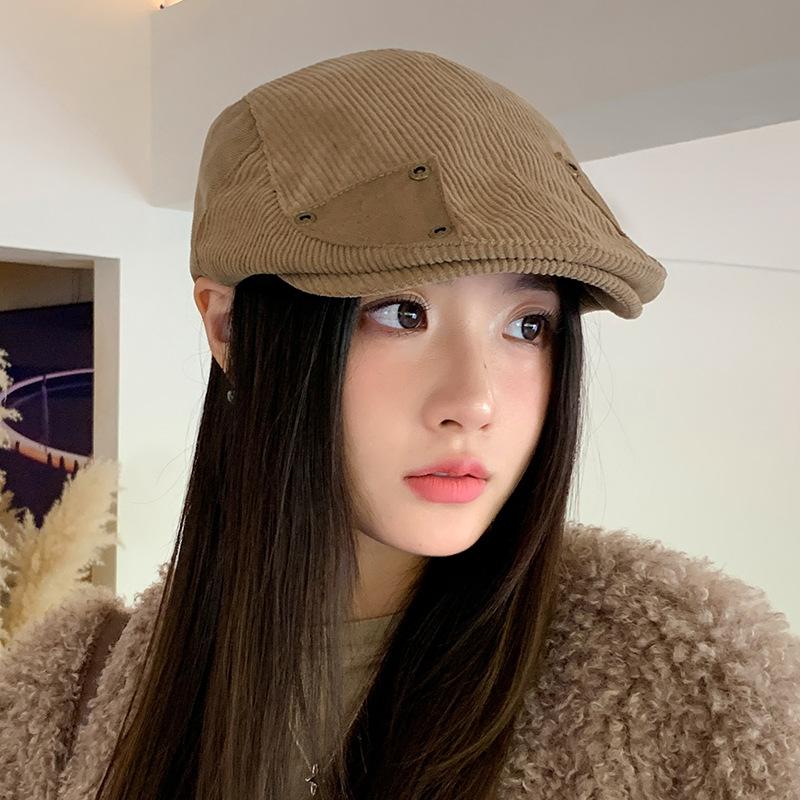 Autumn and winter hat women's retro versatile corduroy forward hat high-end newsboy hat warm beret
