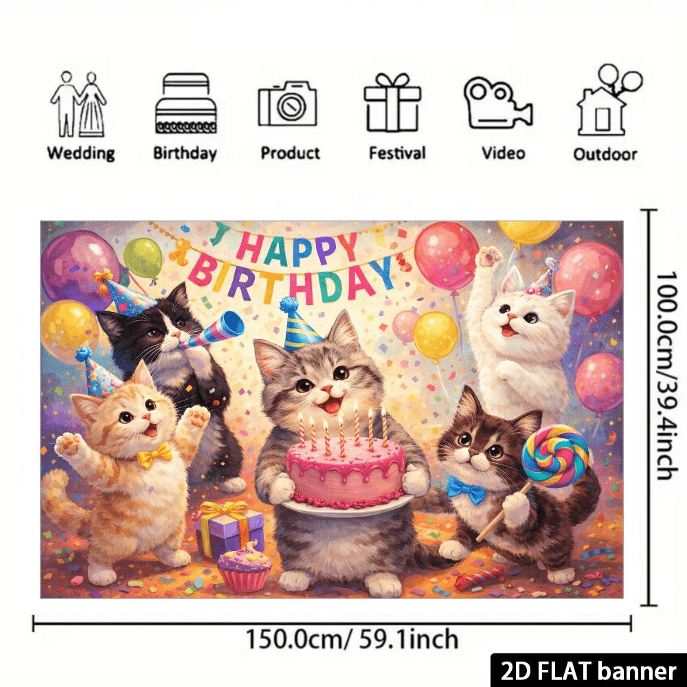 2D oil painting style cat birthday background paired with five cute cats and pink cake elements