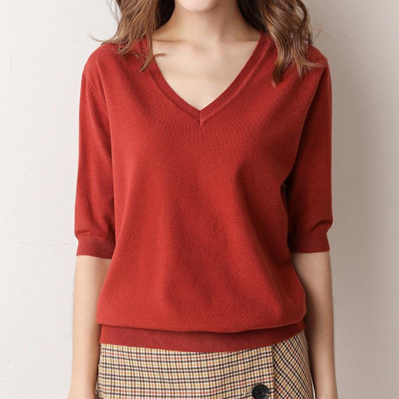 IHUASU Women's Spring Short-sleeved Jumper Knitwear V-neck Tide with Loose Bottoming Shirt T-shirt