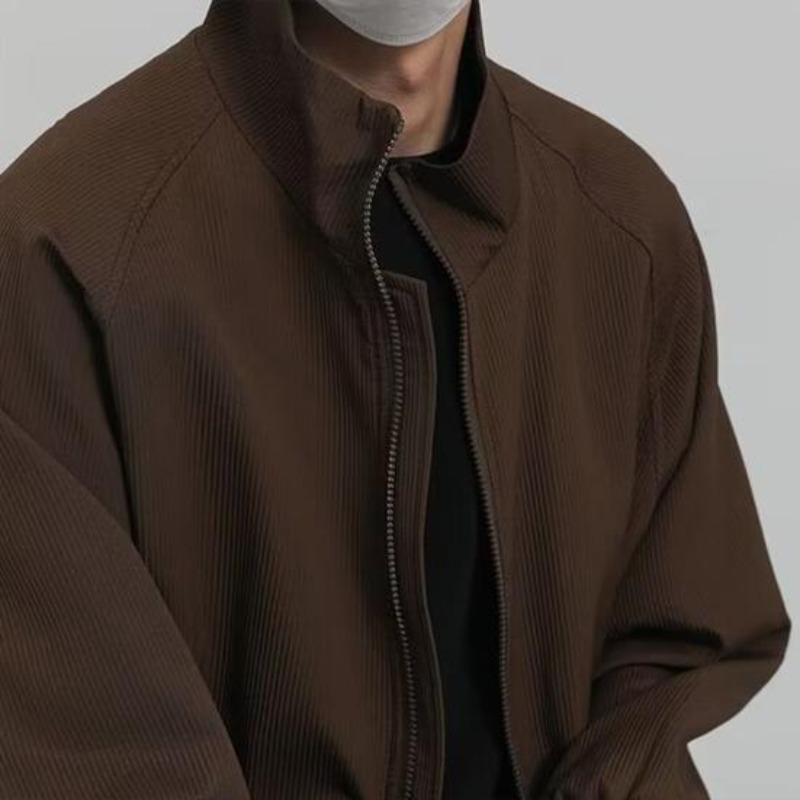 Autumn Jacket Men Lapel Long Sleeve Elastic Hem Zipper Placket Coat Solid Color Retro Style Casual Outwear