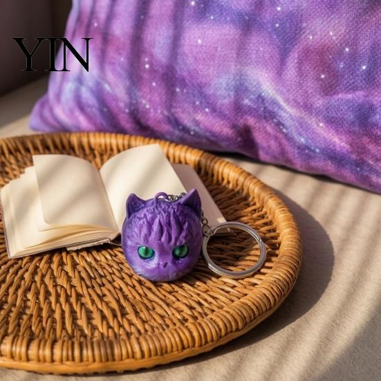 Cat Shaped Ornament 3D Printed Head Keychain, Cute Kawaii Kitten Bag Charm with Pearlescent Finish & Bright Playful Decoration Green Eyes, Lightweight