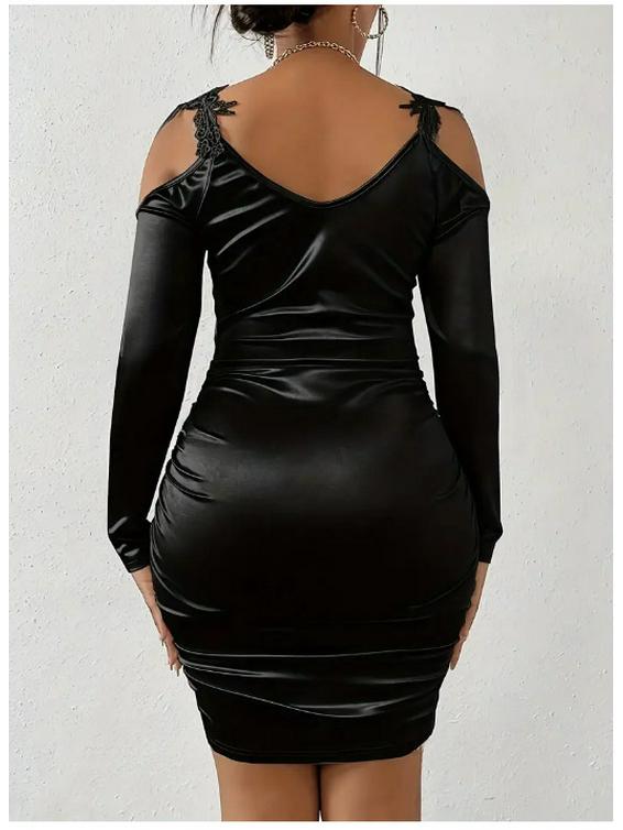 2025 Elegant Lace Satin Bodycon Dress with Pleated Skirt for Spring and Autumn