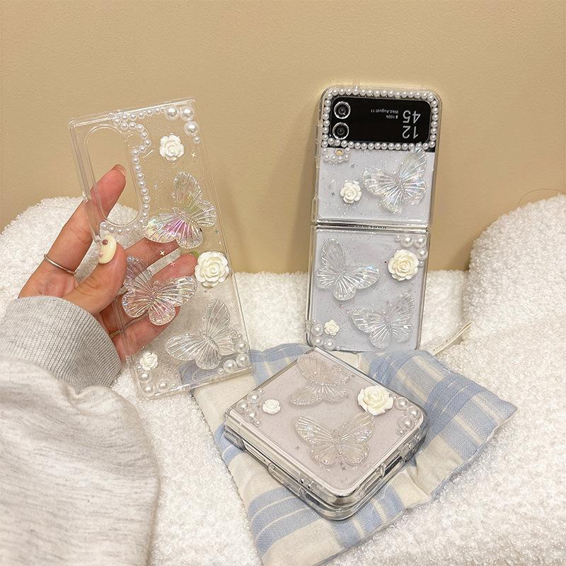 Pearl Butterfly Flower Sparkling Pink Phone Case for Samsung ZFLP6 Flip Fold Screen ZFold 5 Transparent Dropping Glue