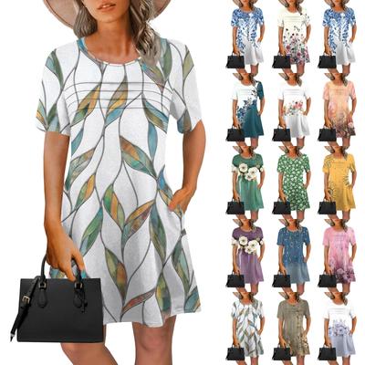 Damen Sommer Vintage Blumenmuster Kleid Kurzarm Rundhals Krawatte Tasche Freizeitkleid