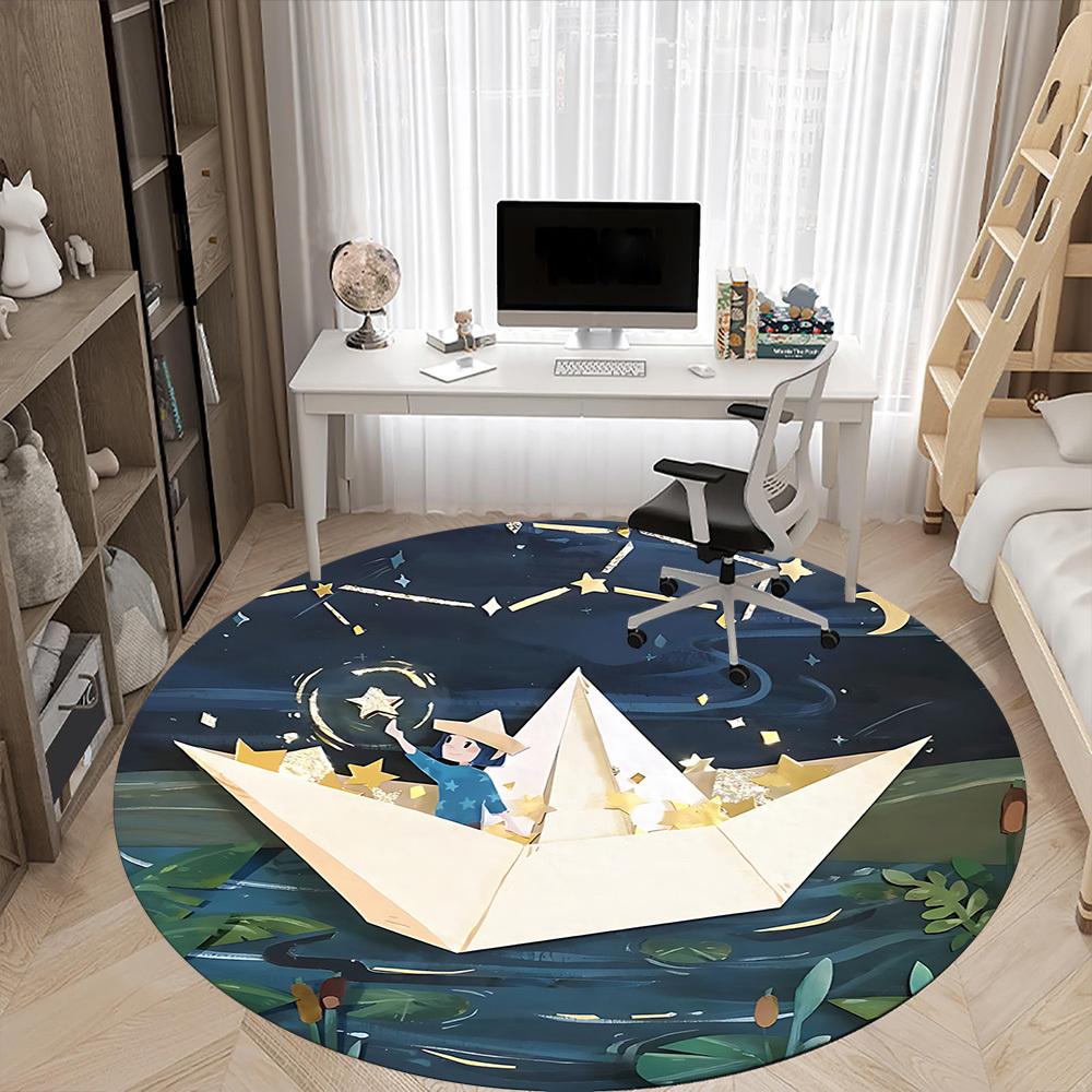 1pc Paper Boat Night Office Round Area Rug, Indoor Mat Suitable For Office, Under Office Chairs Bedroom Living Room Home Decor, Room Deco