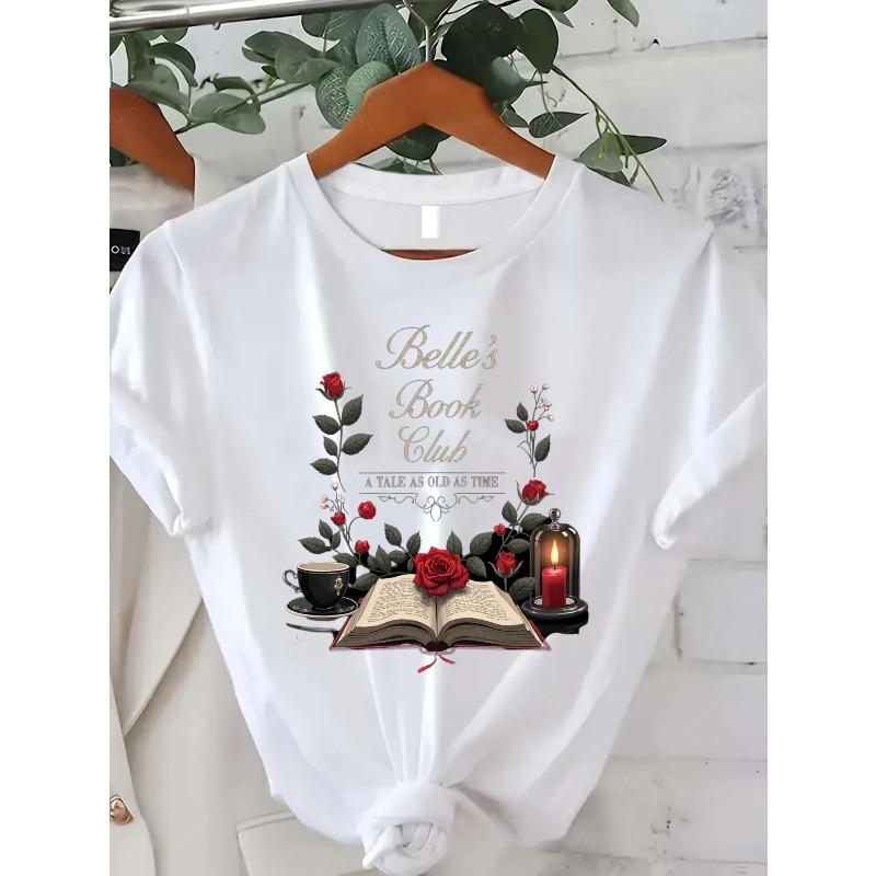 

European sizes Women S T-shirt Belle Book Club Tale as Old as Time | Rose and Book Graphic Tee, Round Neck, Short Sleeve, Casual Style 4XL