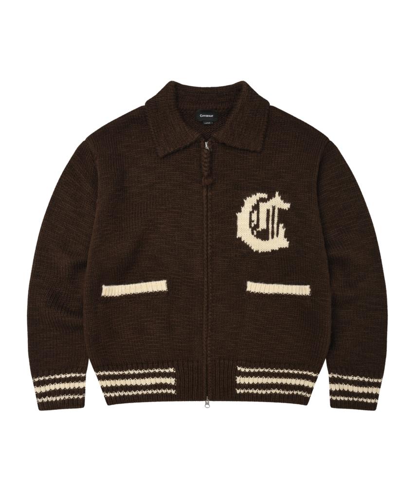 COVERNAT Diploma C Logo Knit Varsity Jacket Brown