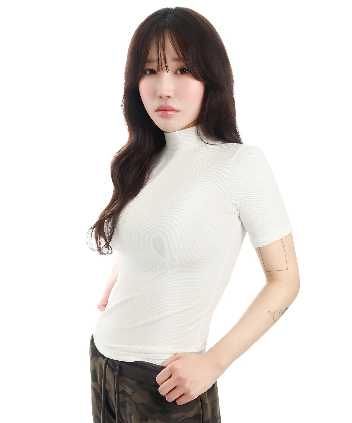 Just Haeng Tencel Basic Ribbed Mock Neck Short Sleeve T-Shirt [White] White/F