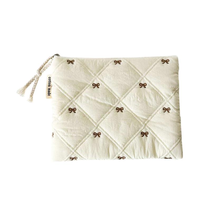 Quilted Design Cosmetic Bag Embroidered Bow Large Capacity Stationery Bag Multifunctional Pen Bag