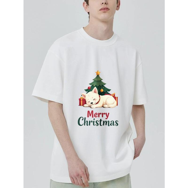 Christmas T Shirt Black Cute Dog and Christmas Tree with Merry Christmas Text Holiday Party Wear
