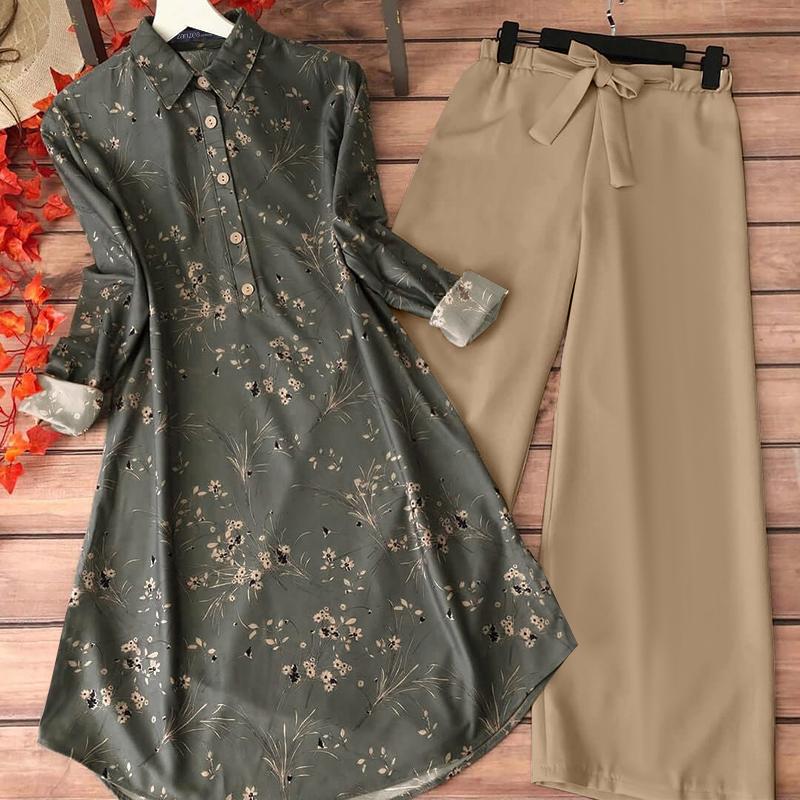 

ZANZEA Женский принт Длинная блузка и брюки Повседневный комплект из двух частей S серый