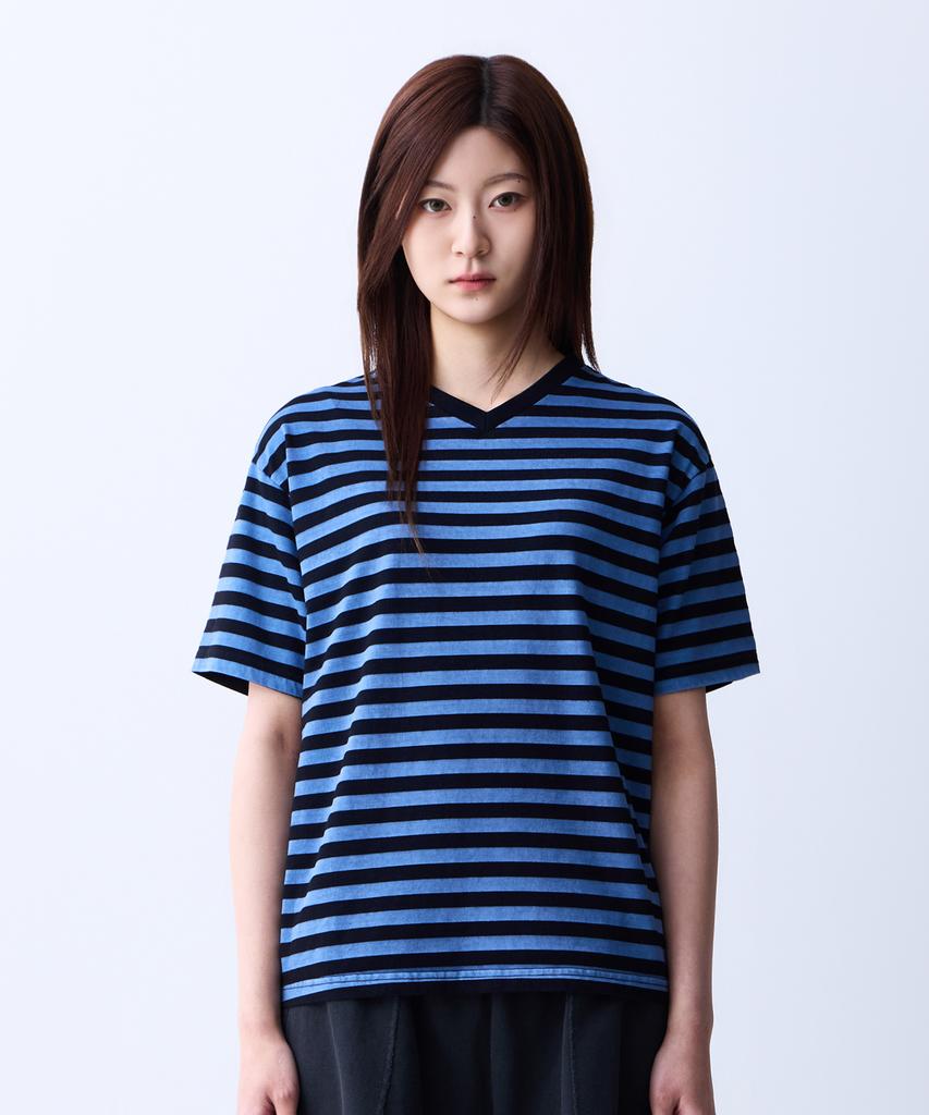 ADERNM Summer Daily Big Stripe Crop V-Neck T-Shirt Blue