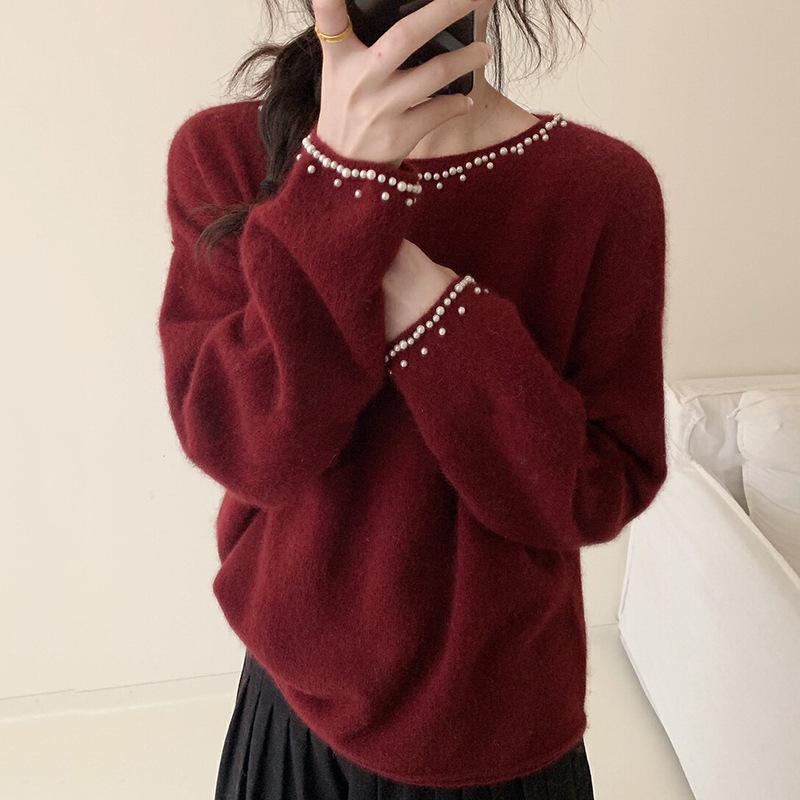 Gentle Wind Fashion Heavy Industry Bead Knitted Sweater Women's Autumn and Winter New Loose and Thin Pullover Solid Color Sweater Women