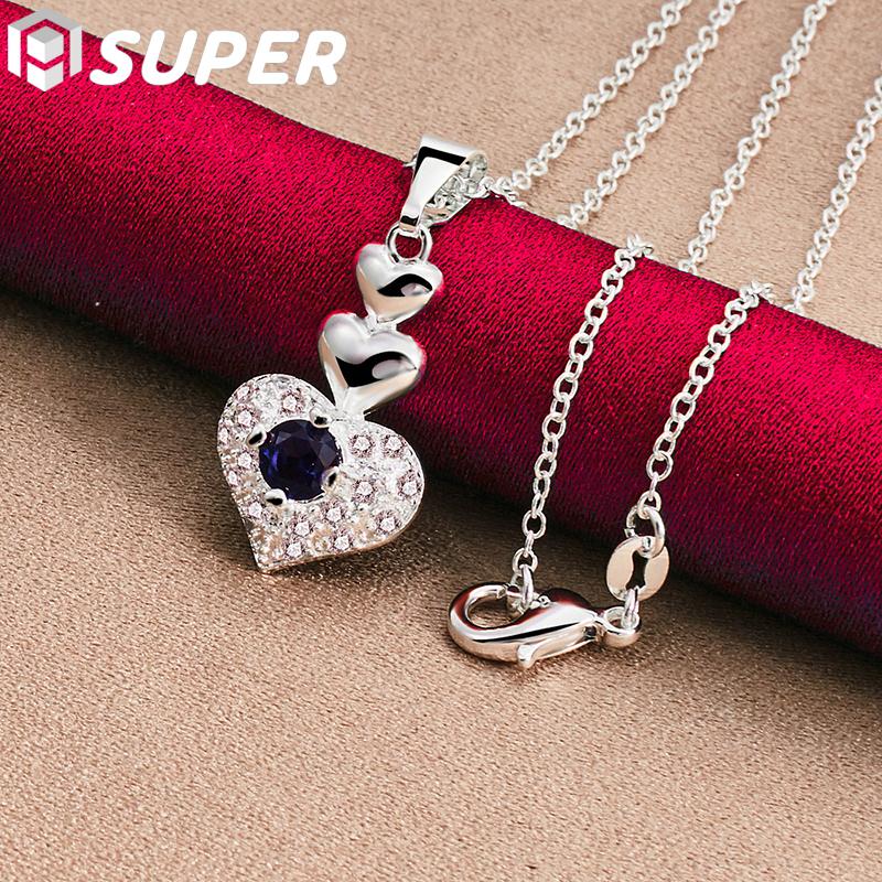 925 Sterling Silver Blue AAA Zircon Heart Pendant Necklace Jewelry