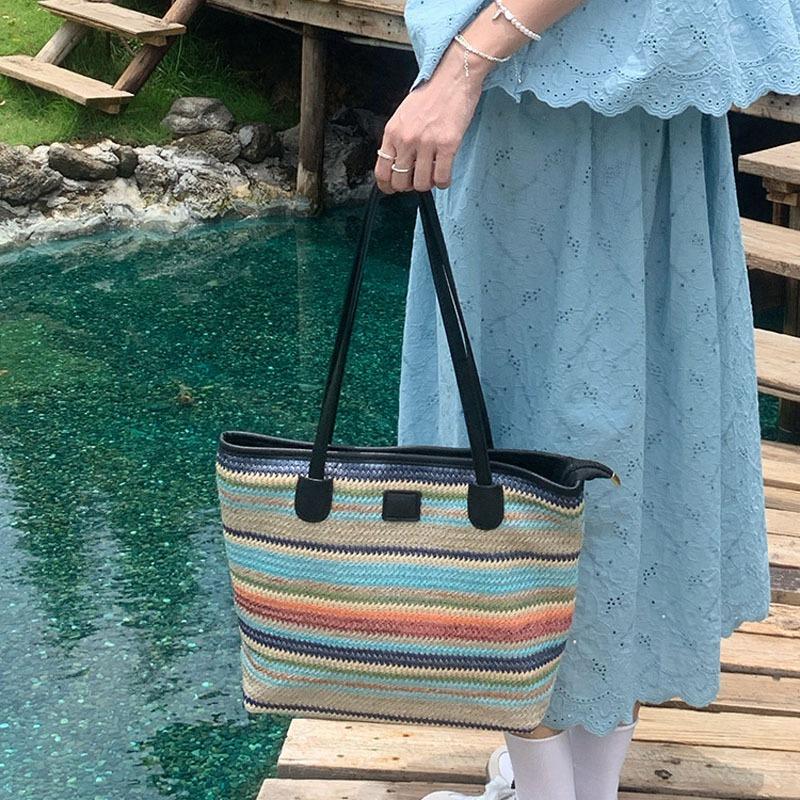 Sommer neue Strohtasche gestreift lässig einfach Umhängetasche große Kapazität Pendlertasche Strandurlaub am Meer