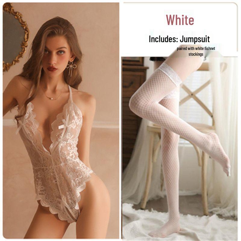 Pure Desire Lace Sleepwear Set: Sexy See-Through, Deep V, Backless, Open Crotch, Removable for Ultimate Temptation