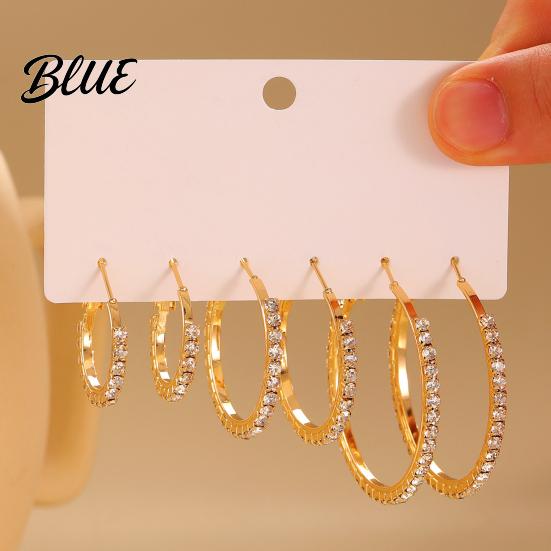 Full Rhinestone Inlay Earrings 3 Pairs Women Ear-Pin Closure Stable
