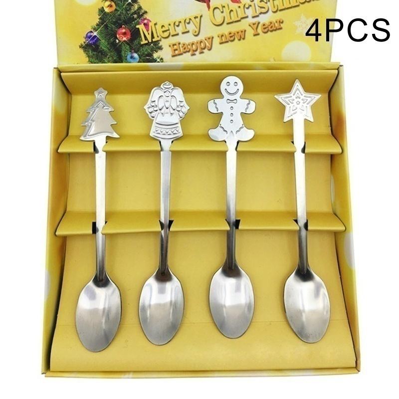 Set da 4 Pezzi Cucchiaio di Acciaio Inossidabile di Natale Moda Cartone Animato Cucchiaino da Caffè ( Senza scatola )