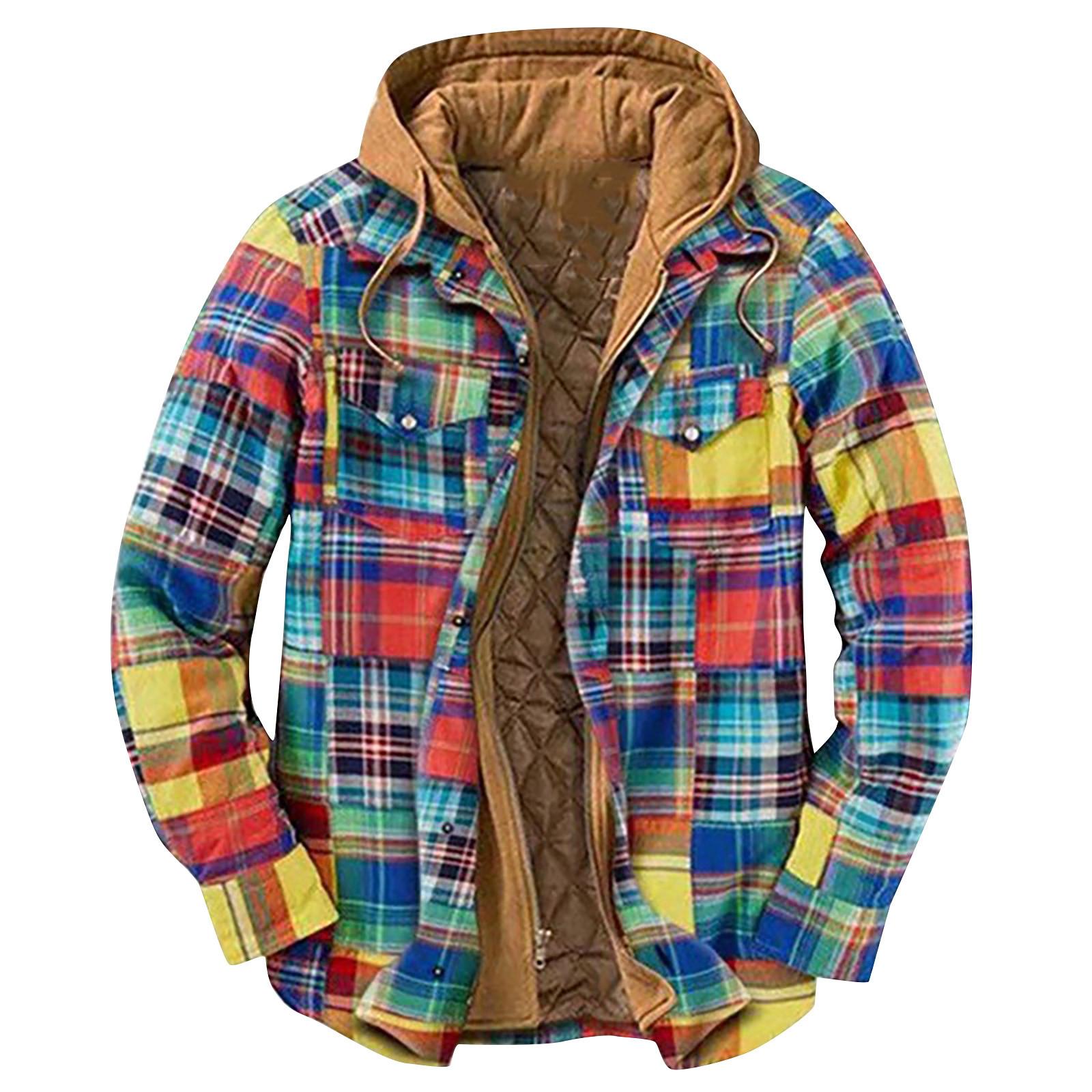 

Мужская клетчатая рубашка на стеганой подкладке на пуговицах с бархатной теплой курткой с капюшоном M жёлтый