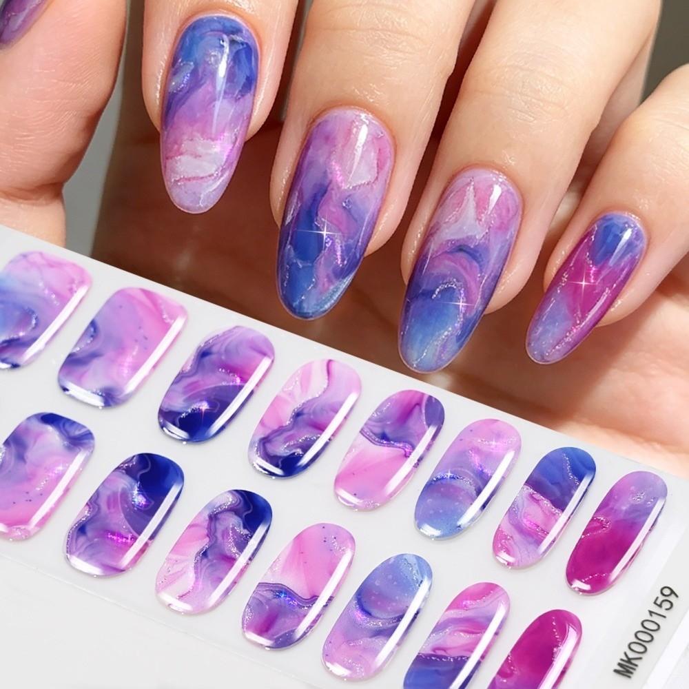 Self-Adhesive UV Polish Nail Strips 3D Glitter Marble Full Cover Nail Wraps Women