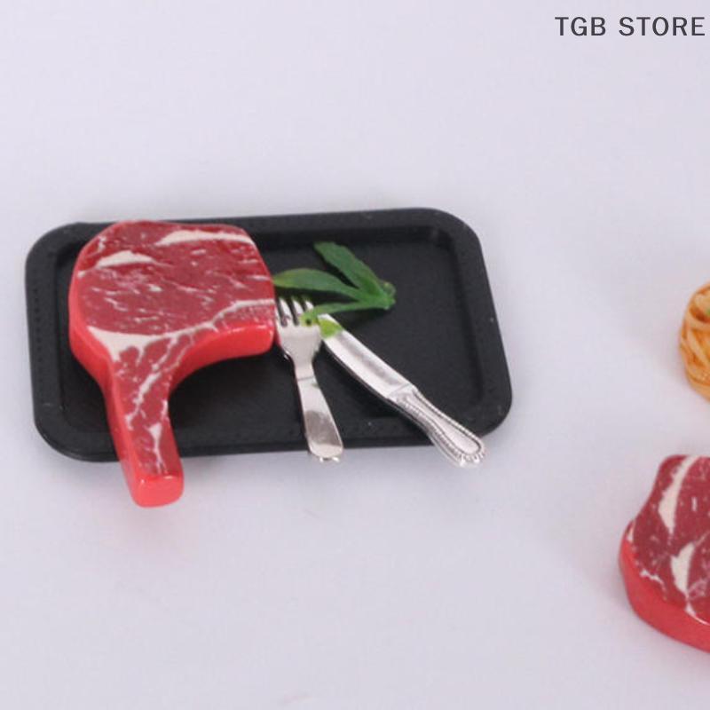 1 Set Bistecca Simulato Piatto Pasta Coltello e Forchetta Kit Modello Casa delle Bambole Cucina Decorazione Cibo Giocattolo Accessori Fai da Te