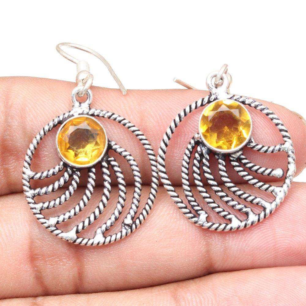 Piatră prețioasă Cuarț Citrin Cadou Handmade Pentru Ea Bijuterii Argint Cercei 1.5''