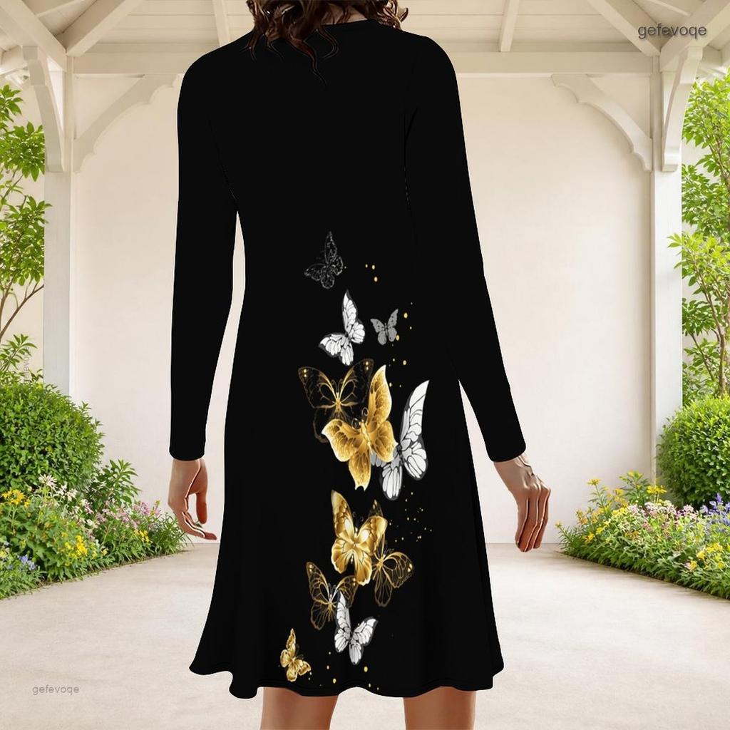 Women Plus Size Round Neck Long Sleeve Butterfly Printed Black A Line Dress