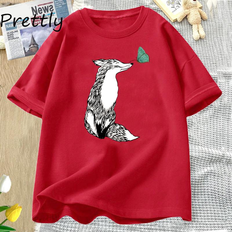 Fox and Butterfly T Shirt Cotton Graphic Tee Soft Fitted T Shirts for Women Printed Cotton Short Sleeve Harajuku Tees Clothing
