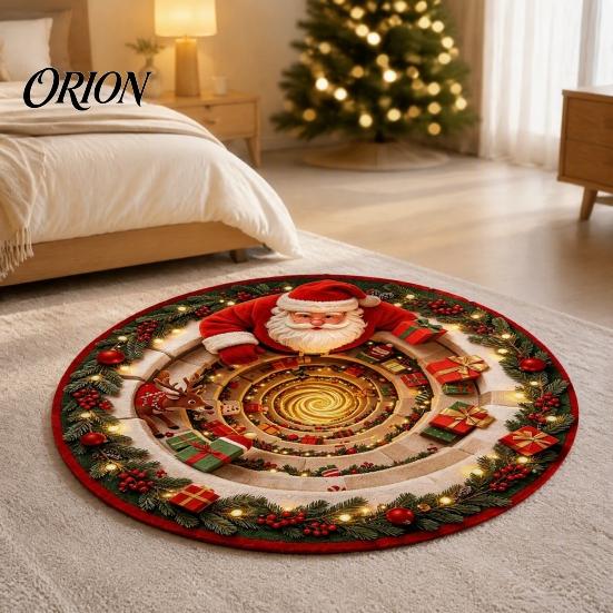 3D Optical Illusion Floor Mats Christmas Round Area Rug, Visual Trap Mat with Santa Elk Print, Unique Seasonal Gift Rugs Non-Slip Stain Resistant