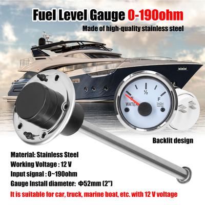 52mm Fuel Level Gauge 215mm Stainless Steel Fuel Level Sensor Water Level Gauge Meter 0 190ohm with Backlight for Car