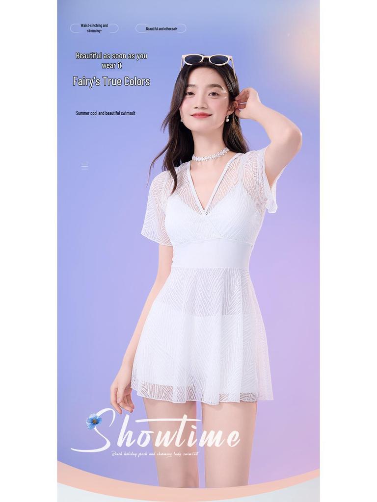 Sexy Lace V-Neck One-Piece Swimsuit with Built-in Bra Pads and Skirt Style