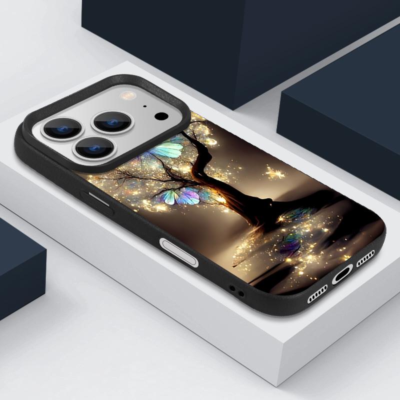 Shining Fantasy Tree Butterfly Pattern Case For iPhone 17 Pro Max iPhone 16 Pro Max 15 14 13 12 11 16E Air Luxury Leather Texture Silicone Cover
