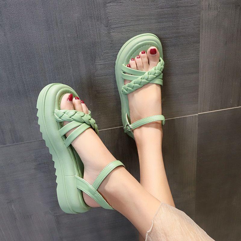 Footwear with Medium Heels Women's Shoes Beach Sandals for Woman Green Summer 2024 Rhinestones Diamond Platform Comfort Casual H