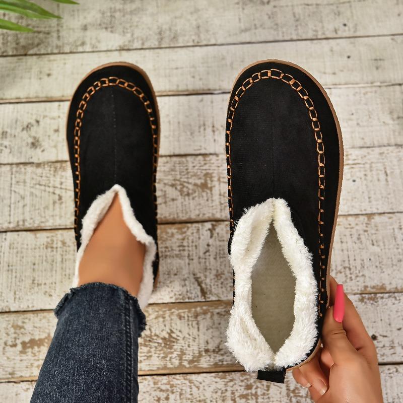 Neue Herbst- und Winterschuhe aus warmer Baumwolle, Große flache Schneestiefel mit Fleece für Damen