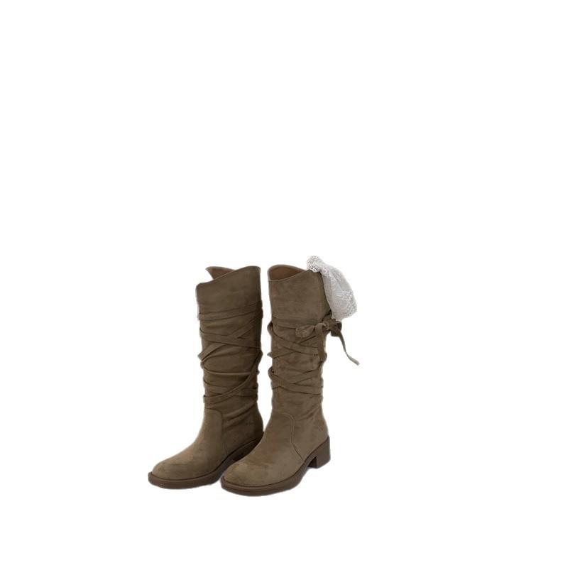 2025 Autumn New Wasteland Fringed Knight Boots Women's Thick Heel Medium Heel Tube Boots Stacking Boots