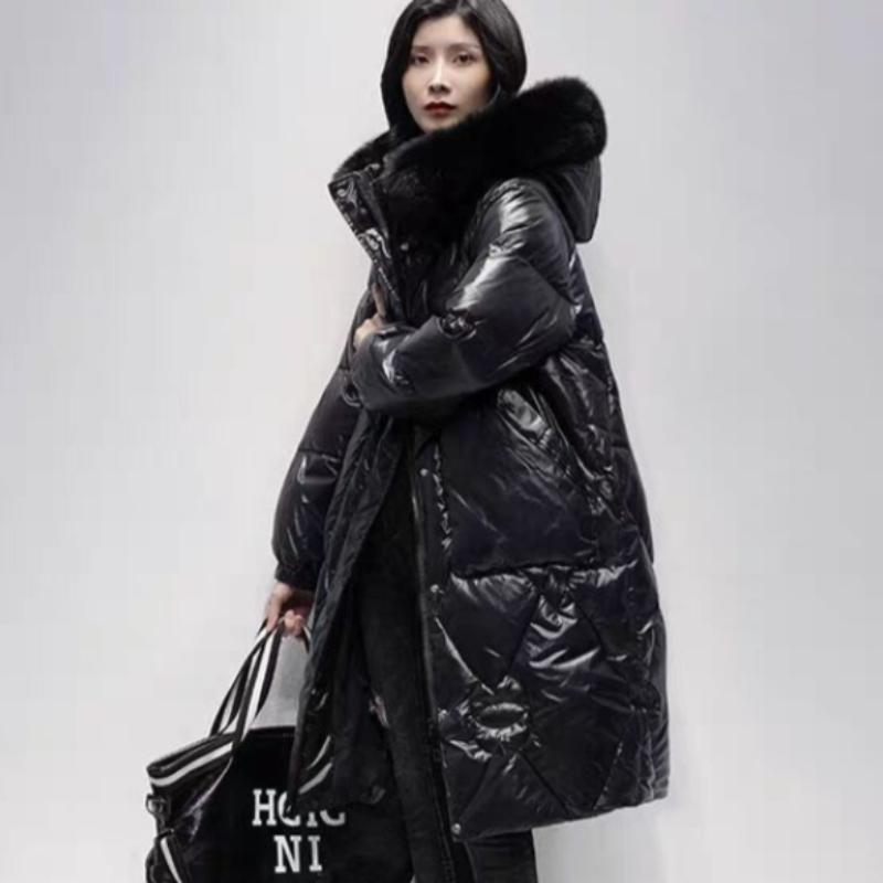 Wintermode Damen Langer Lockerer Schlanker Dicker Mantel mit Pelzkragen