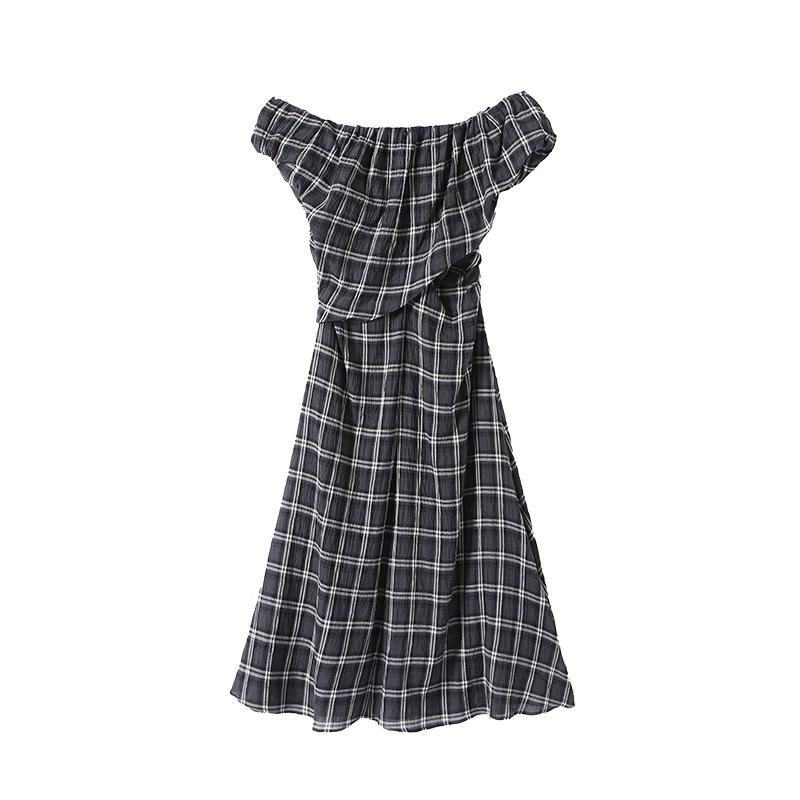 

GREEN BELT Blue-Black Plaid Off-Shoulder A-Line Long Dress S