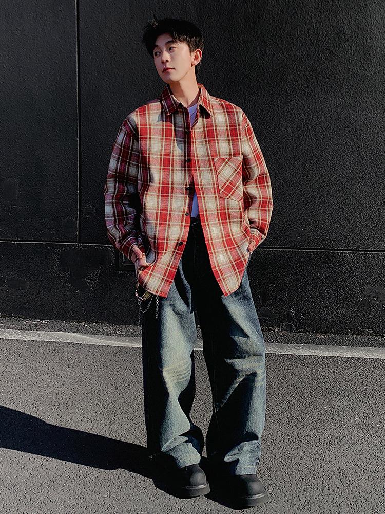 Men's Retro Plaid Long-Sleeve Shirt and Casual Lapel Jacket