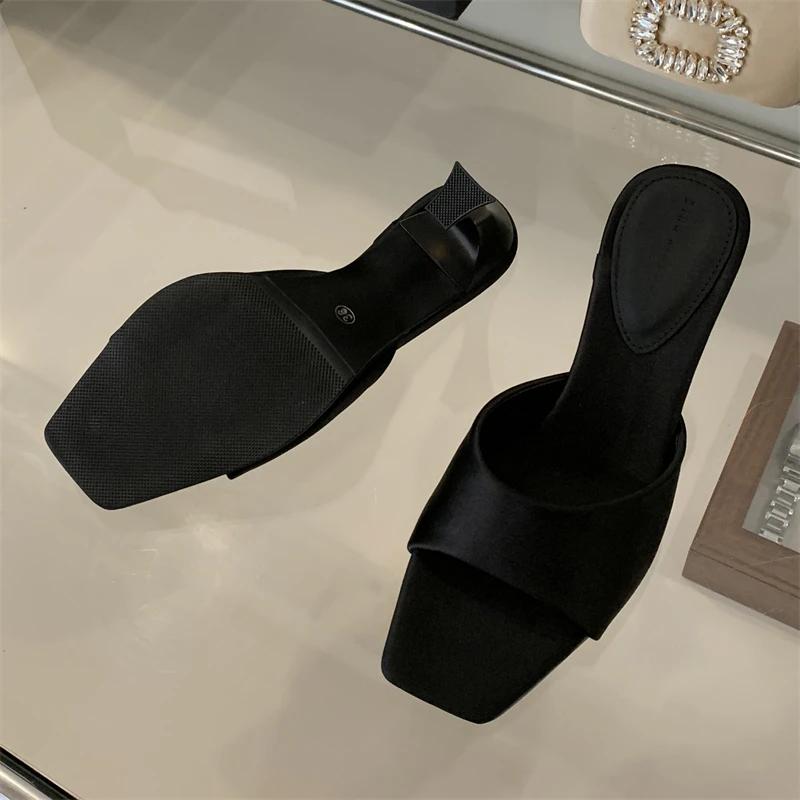 Fashion Fashion Satin Square Toe Women Slippers Concise Thin High Heels Banquet Sandals Female Shoes