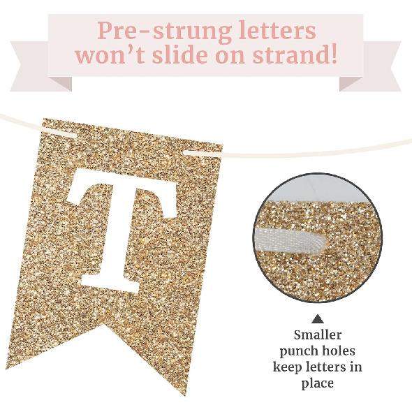 Pre-Strung Bride To Be Banner - No DIY - Gold Glitter Bachelorette Bridal Party Banner - Pre-Strung Garland On 8 Ft Strand - Gold Bachelorette Bridal