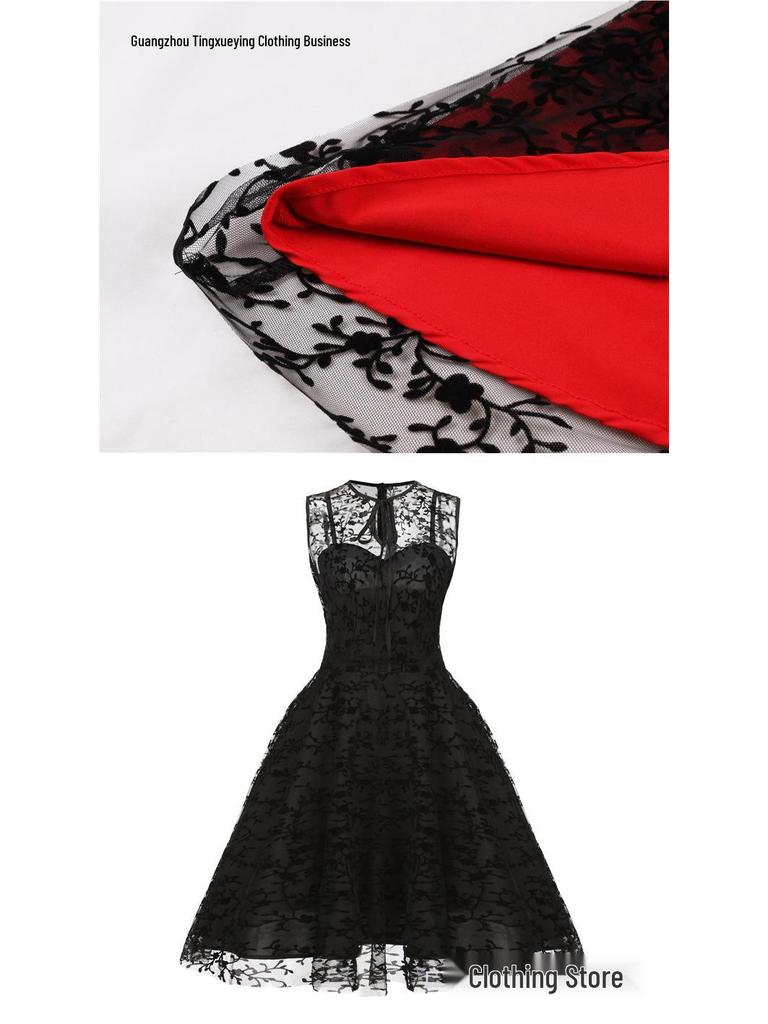 Women's Christmas Mesh Embroidered Midi Dress with Waist-Cinching and Sleeveless Design