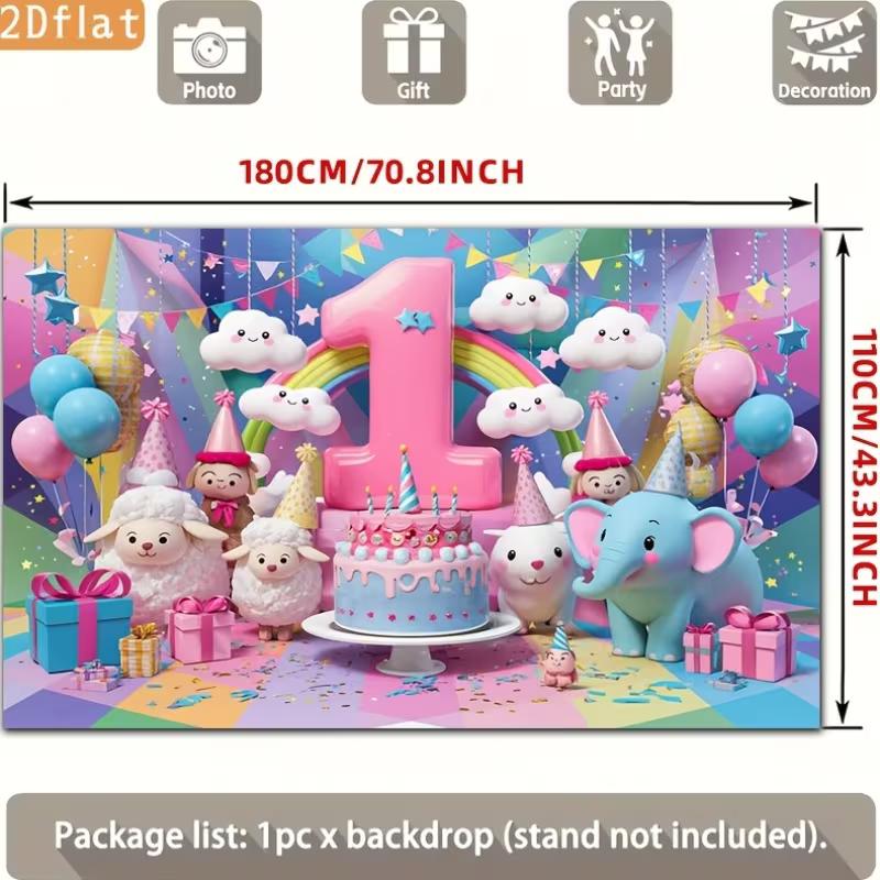 2D 1st Birthday Photography Backdrop Cartoon Animals & Rainbow Baby Shower Background