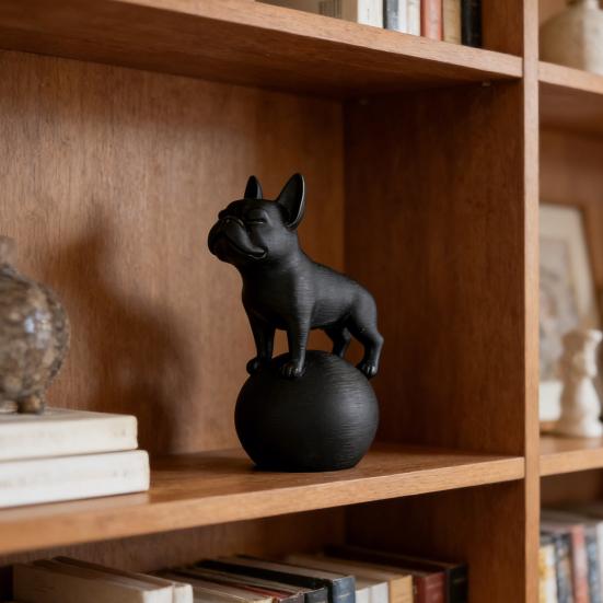 Standing on Ball Bulldog Figurine 3D Printed Black White Dog Statue Sculpture Home Office Desktop Decoration Ornament