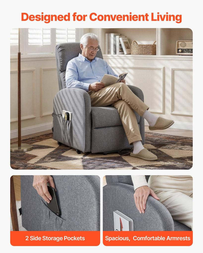 Power Lift Recliner Chair, Electric Lift Chair for Elderly, Infinite Position Adjustment, Linen Fabric, High-Resilience Foam, with Side Pockets,