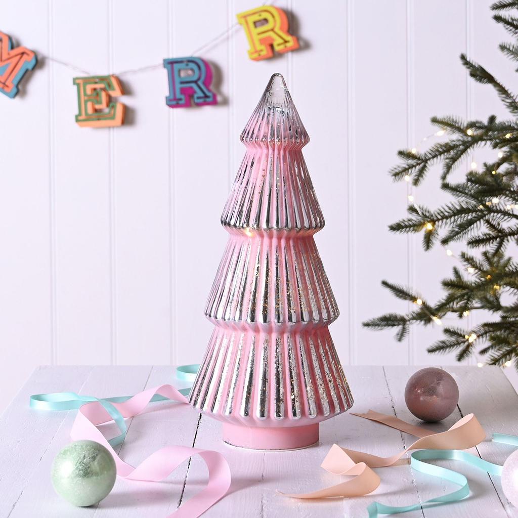Medium Pink Crackle Effect LED Glass Christmas Tree