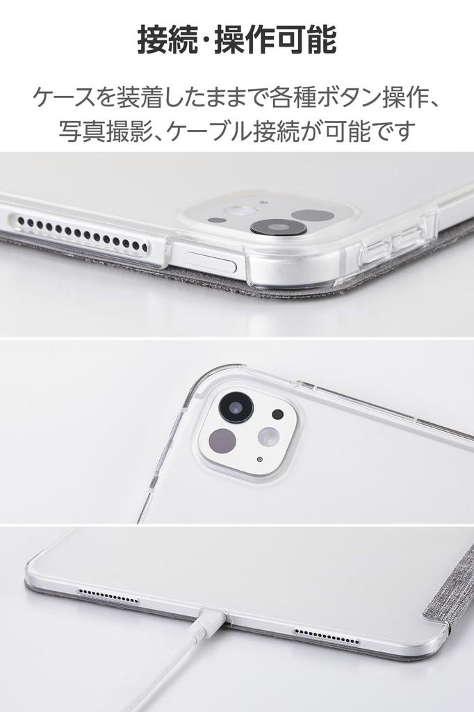 Elecom IPad Pro Fabric Flap Slim and Clear 13-inch (M4) Case, Case, Lightweight, Back, 2-Angle, Gray, TB-A25PLWVCGY