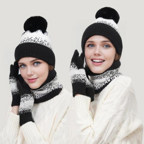 3Pcs/Set Winter Hat Scarf Gloves Set Plush Ball Decor Hat Thickened Plush Lining Neck Gaiter Touch Screen Gloves Set