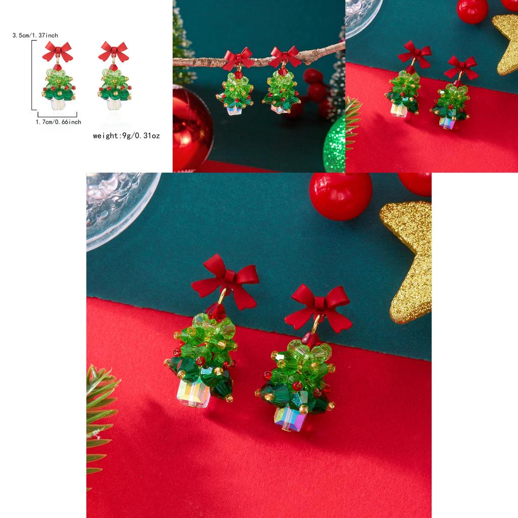Festive Holiday Earrings Women Alloy Red Bow Christmas Tree Jewelry With Sparkle For Seasonal Wear