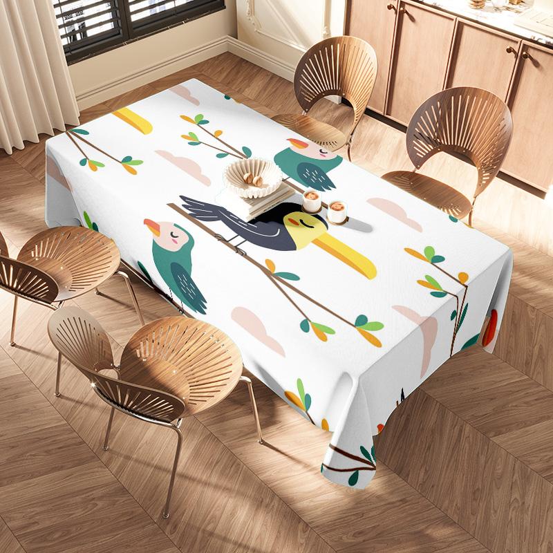 Modern Colorful Birds Tablecloth for Dining Room Decoration 100% Polyester Washable Home Textiles